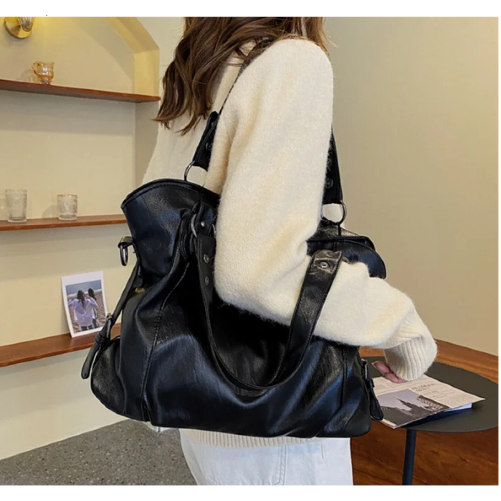 Large Capacity Black Shoulder Bags For Women Large Shopper Bag Solid Color Soft Leather Crossbody Handbag Lady Travel Tote Bag