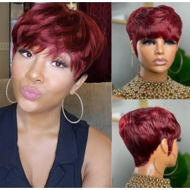 180 Density 99J Burgundy Colored Machine Made Wigs 100% Brazilian Remy Human Hair Wig Short Pixie Cut Wig For Black Women