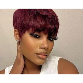 180 Density 99J Burgundy Colored Machine Made Wigs 100% Brazilian Remy Human Hair Wig Short Pixie Cut Wig For Black Women